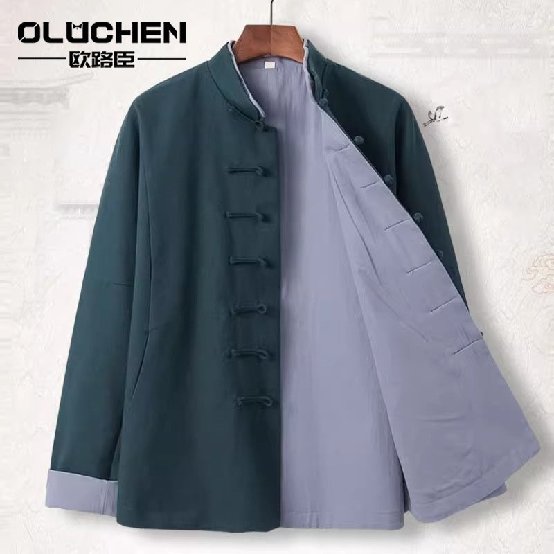 OULUCHEN中式唐装秋冬加厚中国风男装中老年复古长袖棉麻汉服外套