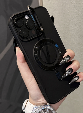 镜头支架适用ip苹果16手机壳iPhone15ProMax磁吸14Plus隐形折叠13PRO防摔软壳12p磨砂硅胶保护套11简约黑色17