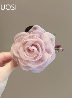 优雅淡紫色玫瑰花朵抓夹女中号2024年新款高级感盘发半扎发鲨鱼夹