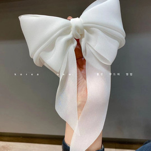 韩国新款超仙白色蝴蝶结发夹高级感弹簧夹飘带头花后脑勺顶夹发饰