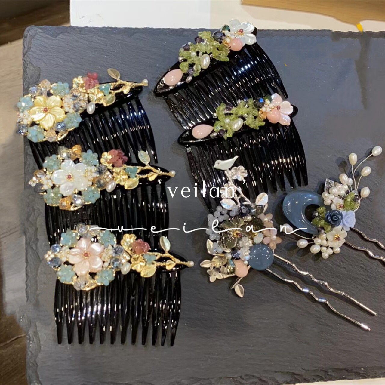 高级感发梳插梳刘海梳韩国重手工头发夹子发饰品头饰古风盘头发叉