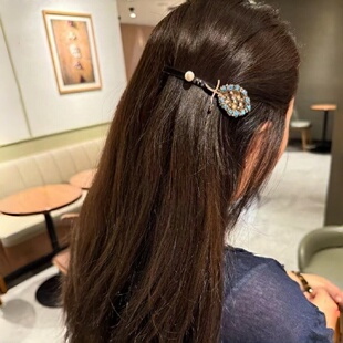 韩国进口重手工设计感珍珠发夹高级感弹簧夹祖母绿边夹一字夹头饰