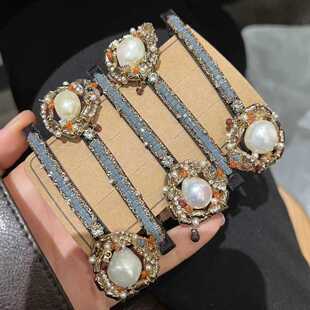 韩国进口东大门设计师款巴洛克珍珠发夹手工镶钻一字夹发饰弹簧夹