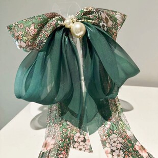 韩国新款印花飘带蝴蝶结发夹发饰高级感弹簧夹头花后脑勺顶夹头饰