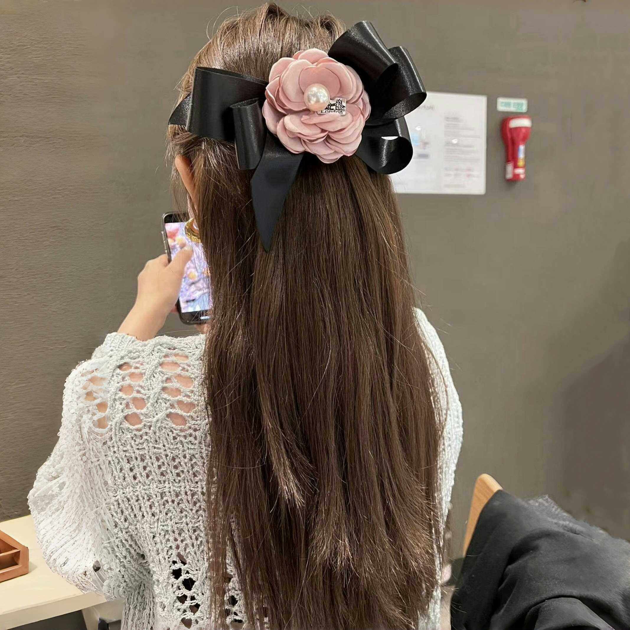 韩国缎面大蝴蝶结发夹发饰半扎发顶夹头花小香风山茶花朵发卡头饰
