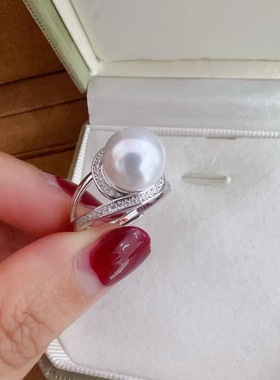 简单的线条戒指珍珠配件 s925纯银精工银配件饰品 diy饰品配件