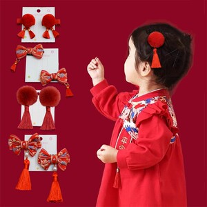 红色宝宝周岁头饰中式婴儿胎毛抓周发夹新年儿童发饰女童过年发卡