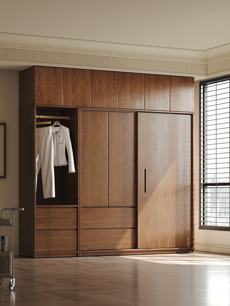 全实木橡木滑动门衣柜家庭卧室胡桃木现代简单儿童衣柜滑动门挂衣