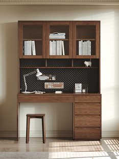 全实木橡木书桌书架与抽屉集成1.0米学习桌儿童现代书房胡桃木书