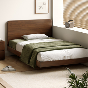 橡木全实木床1.5米1.8米齐边悬浮床简约现代胡桃色次卧儿童单人床