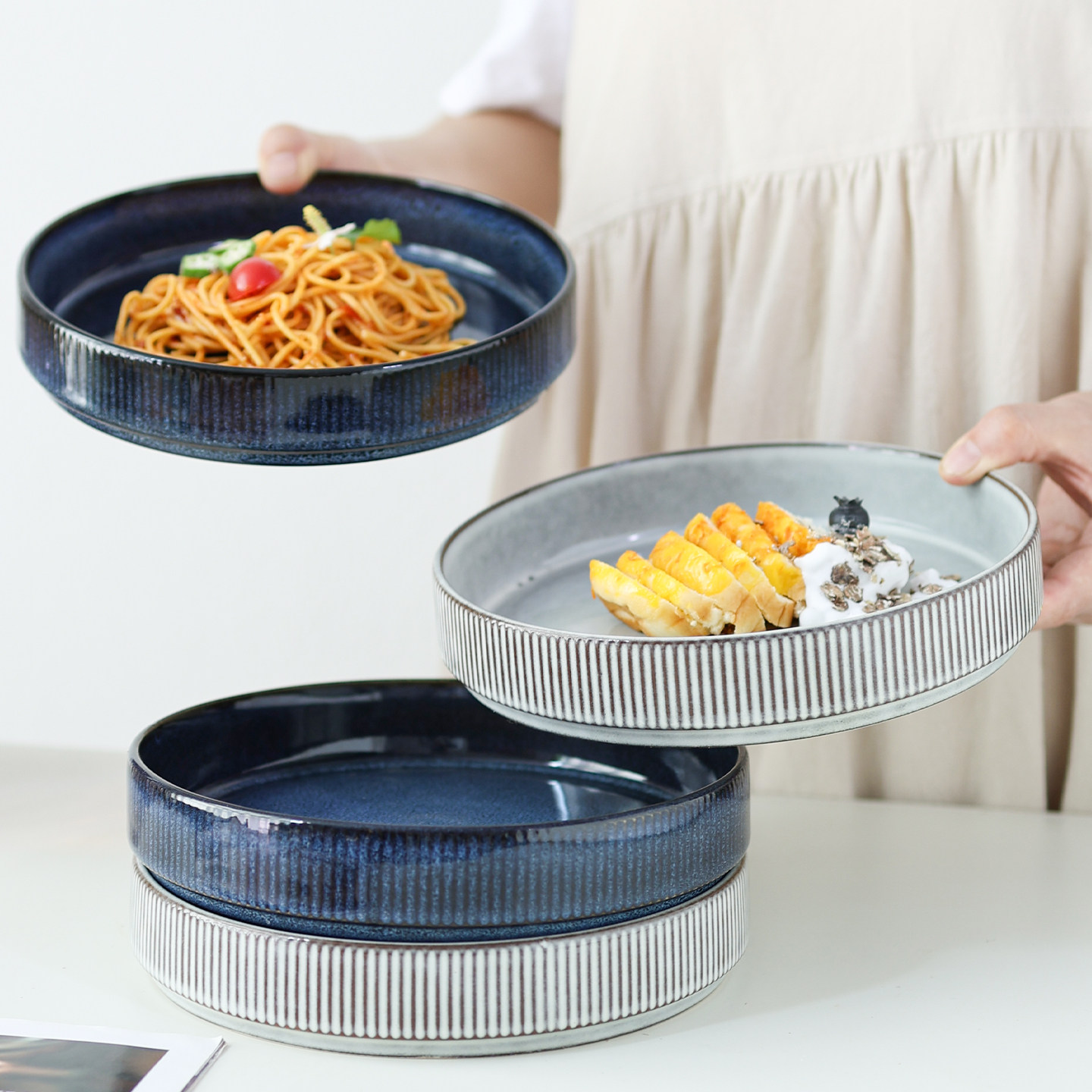 二郎家【2个创意直筒碗】釉下彩陶瓷家用餐具汤碗面碗沙拉碗微瑕