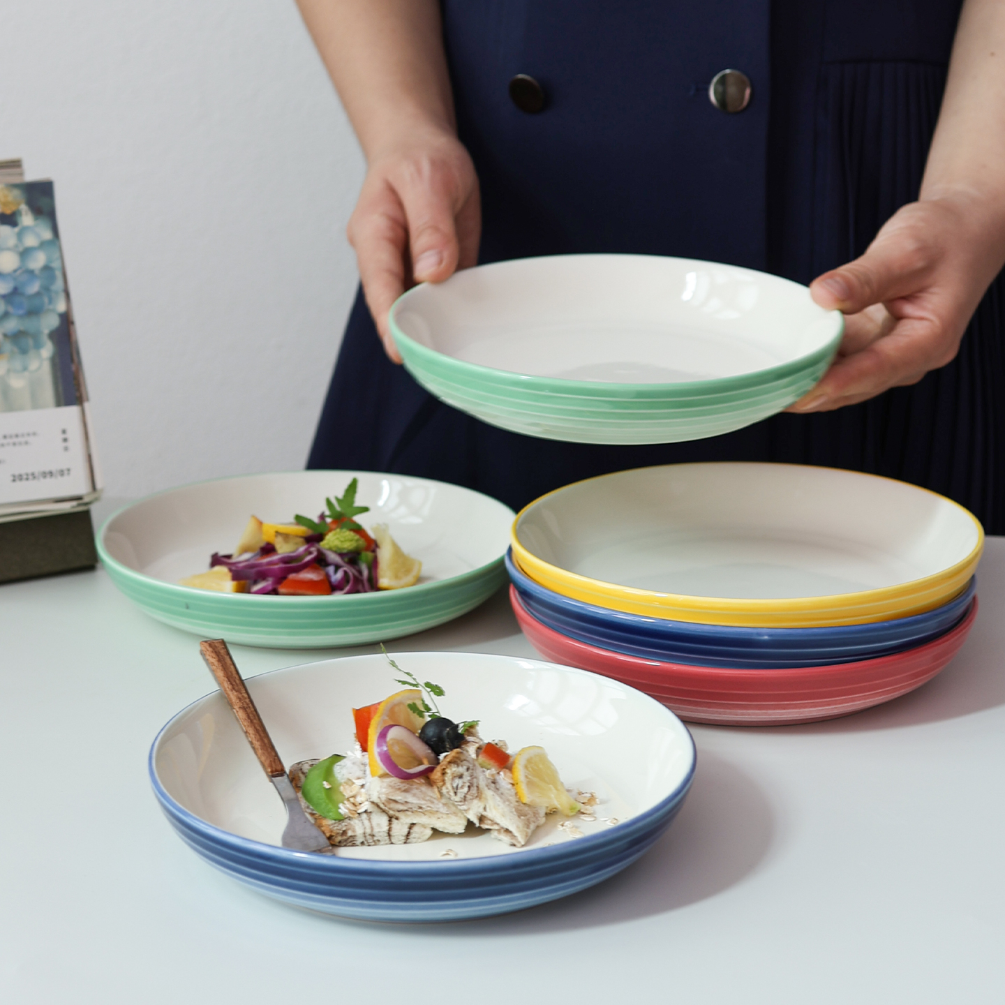 【19.9~2个糖果色深盘】釉下彩陶瓷饭盘深盘菜盘沙拉盘子套装微瑕