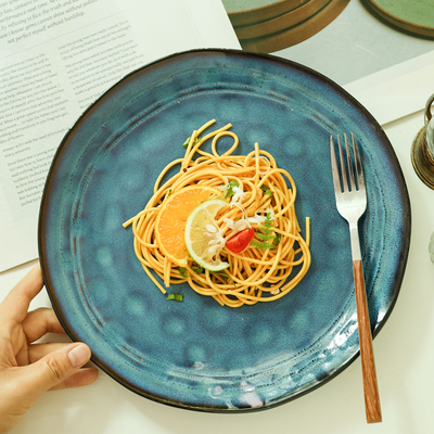 二郎家【个性蓝色窑变釉】大尺寸牛排盘西餐盘大号陶瓷盘子微瑕疵