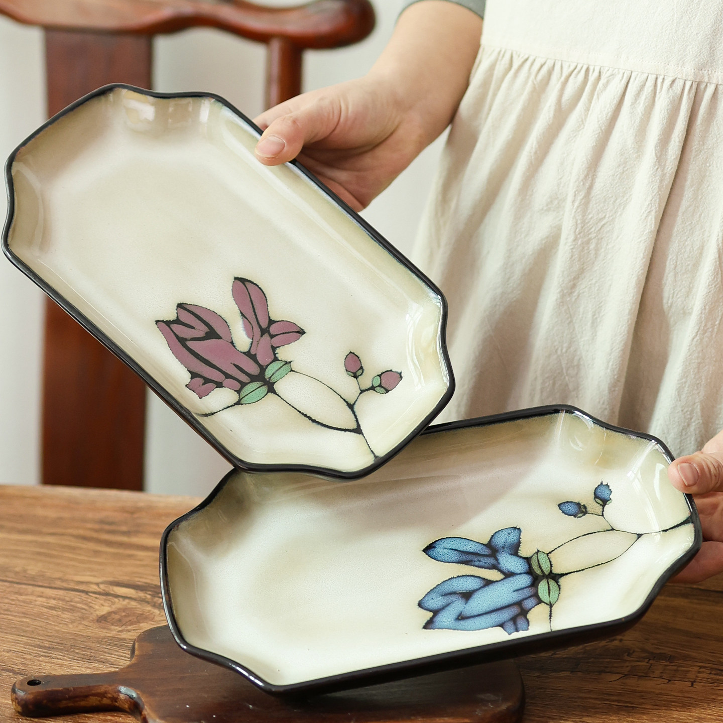 二郎家【鱼盘瑕疵清仓】手绘釉下彩长方盘托盘沙拉盘子陶瓷菜盘子,餐饮具,盘,淘宝优惠券,粉丝福利购,淘宝优惠卷