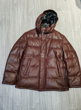 孤品出口日本Haruf小羊皮真皮羽绒服休闲通勤连帽外套