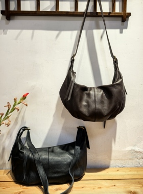 外贸出口纯头层牛皮荔枝纹单肩斜挎包牛角包