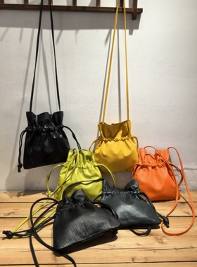 出口日本鹿皮小羊皮抽绳烟口袋香囊单肩斜挎包