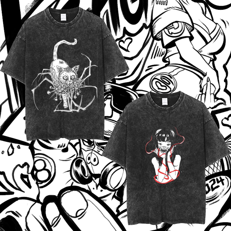 Tomie Junji Ito富江复古水洗做旧印花短袖t恤潮牌高街嘻哈纯棉服