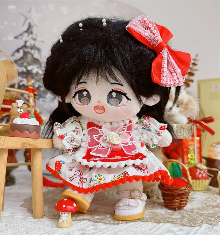 现货20cm棉花娃娃毛绒玩具娃衣服草莓吻痕连衣裙喜庆新年换装公仔