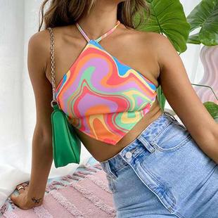 fit womens hot slim girl top Sexy halter backless colorful