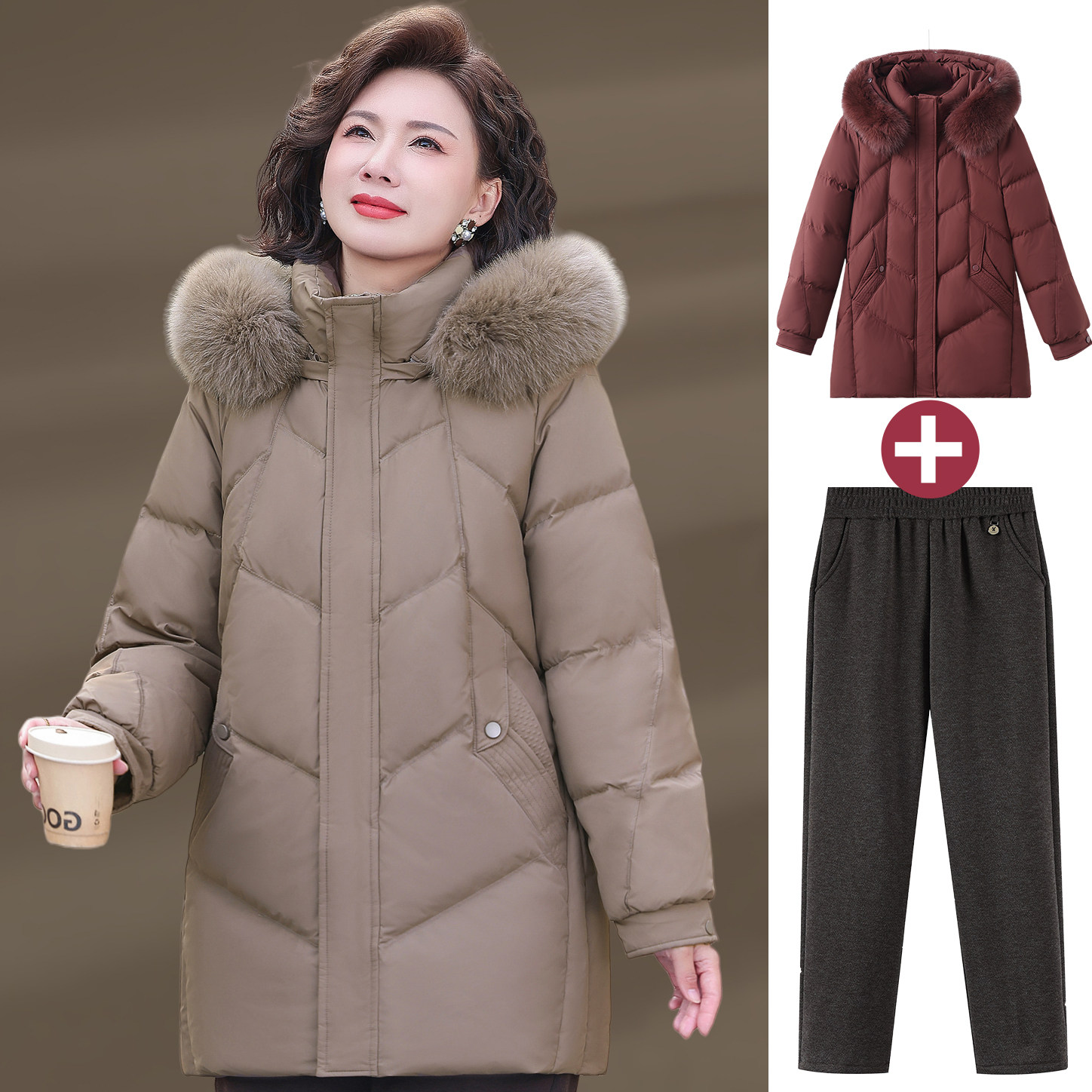 妈妈冬装外套加绒加厚羽绒棉服中老年棉衣中长款连帽收腰显瘦棉袄