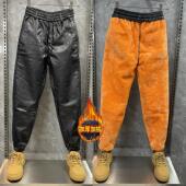 宽松束脚运动百搭防风防水哈伦裤 秋冬加绒加厚长毛绒保暖皮裤 男士