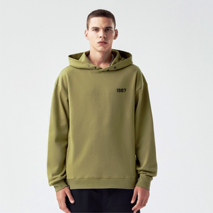 JG男装大码品牌复古数字1987胸花落肩连帽卫衣男女军绿色重磅宽松