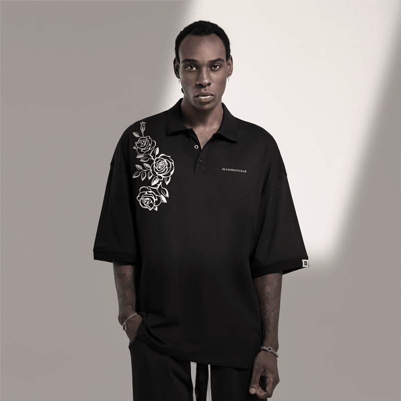 JG男装大码品牌复古线条玫瑰花英文短袖翻领polo衫男女街头潮牌