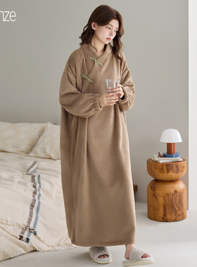 新中式法兰绒睡袍女冬季加绒加厚保暖睡裙新款睡衣珊瑚绒浴袍长款