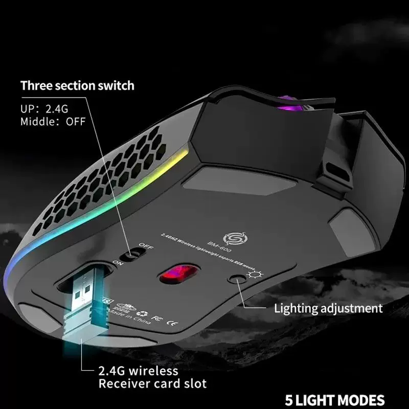 BM600 Rechargeable Gaming Mouse USB 2.4G Wireless RGB Light