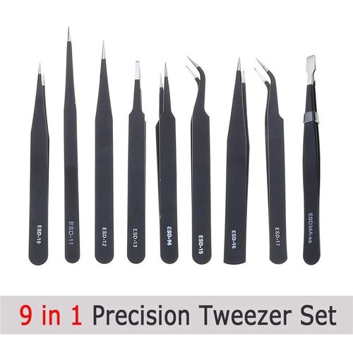 9Pcs ESD Tweezer Anti-static Stainless Steel Precisiion Twee