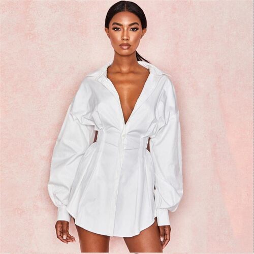 Women Shirts Dress Office Lady Long Puff Sleeve V-Neck High
