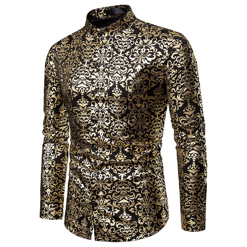 Men Hipster Luxury black gold Bronzing Printed Slim Long Sle