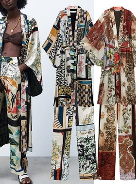 2pcs Women ZA Shirts +Trousers Suit 2021 Summer Full Printed