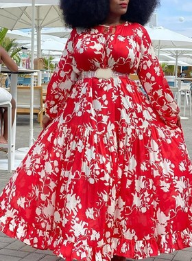 4xl 5xl Plus Size African Dress Women Red Floral Print Long