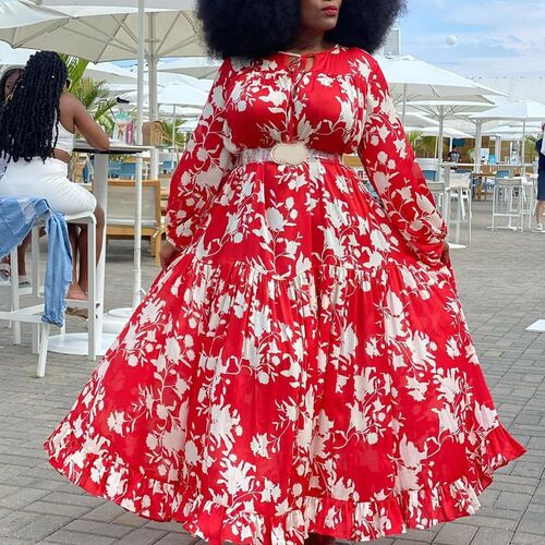 4xl 5xl Plus Size African Dress Women Red Floral Print Long
