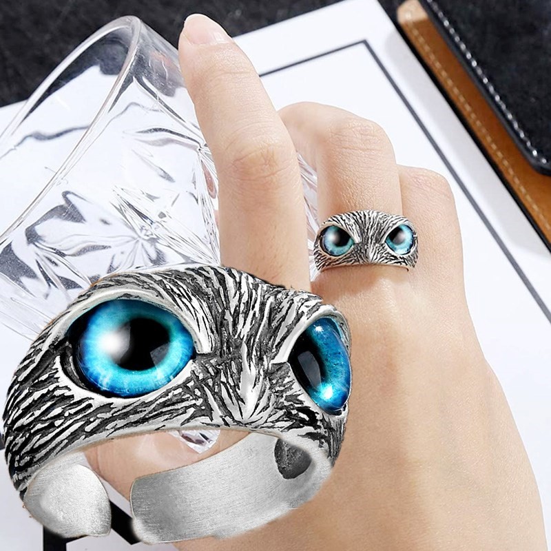 Blue Eyes Owl Ring for Women Girl Man Couple Vintage Gothic