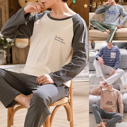 Cotton Long Sleeve Pajamas Set For Men Cute Green Cartoon Ma