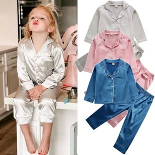 Childrens Kids Pyjamas Silk Satin Tops Pant Autumn Winter Lo
