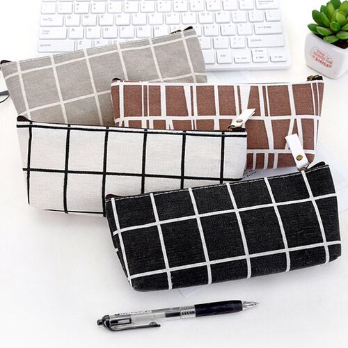 Canvas Pencil Case school Pencil Bag Simple Striped grid pen