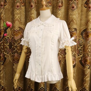 Ladies Short Sleeve Chiffon Blouse White/Black Lolita Button