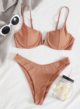 Sexy Ribbed Underwired Bikini 2021 Women Solid V-bra Push Up