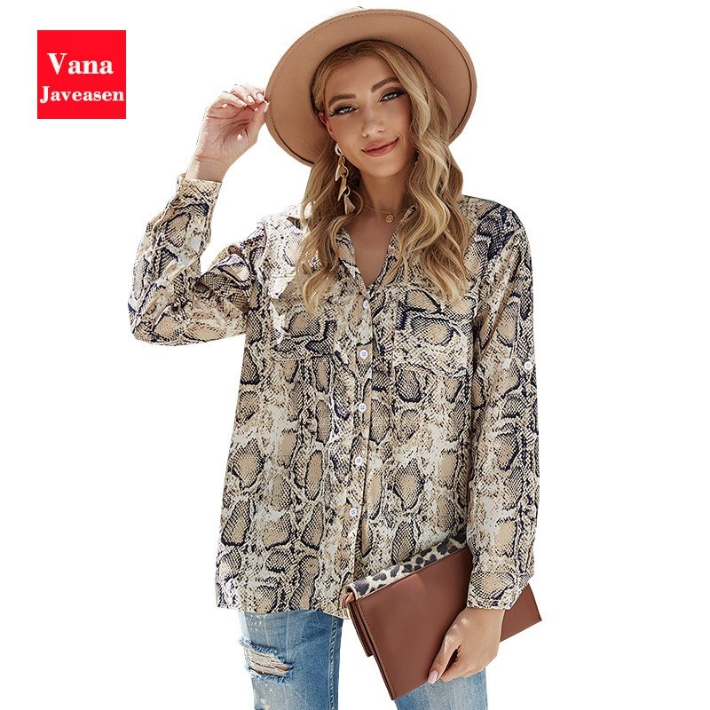 Snake Pattern Turn down Collar Shirts Women Tops Plus Size