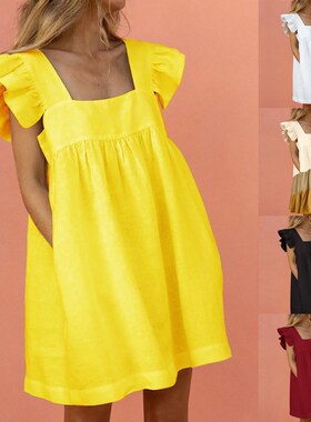 Women Ruffled Mini Dress Summer Cute Square Collar Pocket Dr