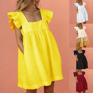 Women Ruffled Mini Dress Summer Cute Square Collar Pocket Dr
