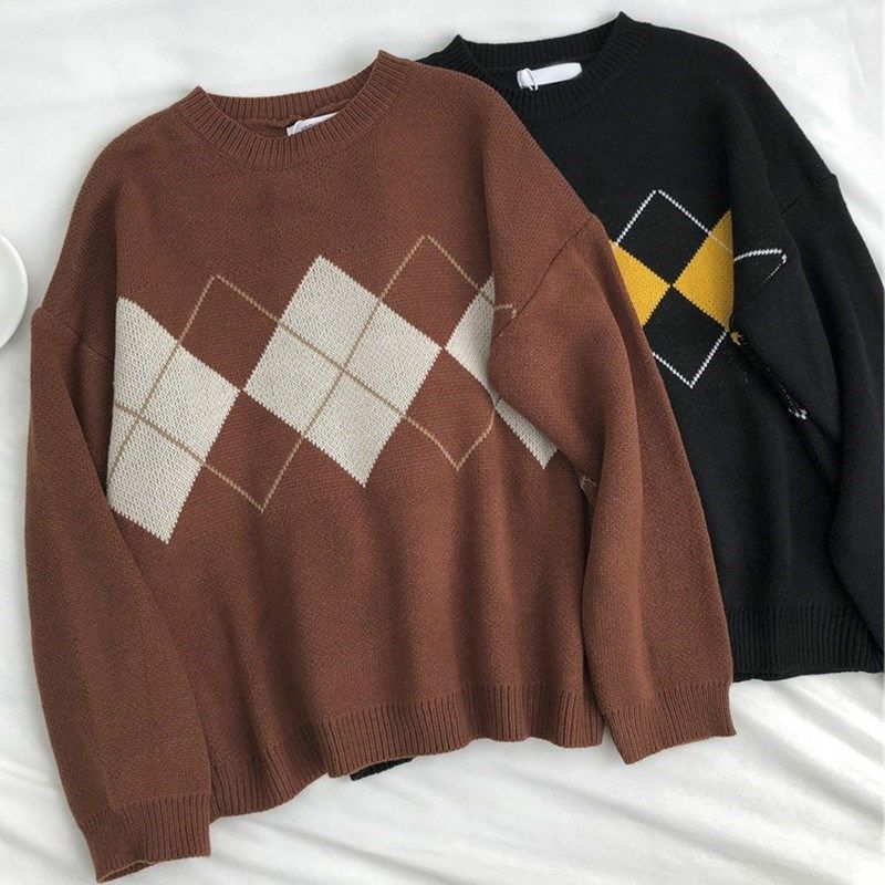 Winter Knitted Sweater Women Oversized Argyle Sweaters Fashi