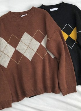 Winter Knitted Sweater Women Oversized Argyle Sweaters Fashi