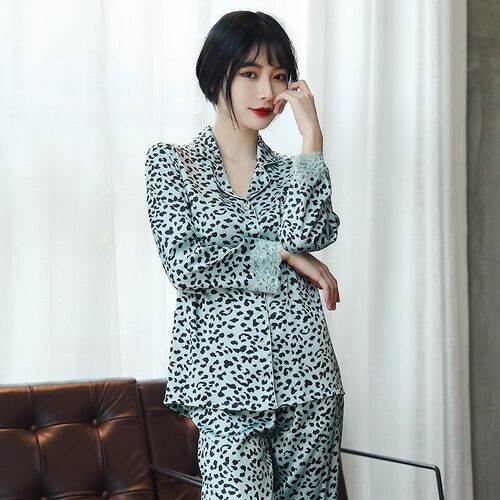 Sexy Leopard Pajamas Set Long Sleeve 2PCS Sleepwear Satin La