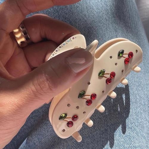Vintage Romantic Rhinestone Cherry Acrylic Hair Clip Claws H