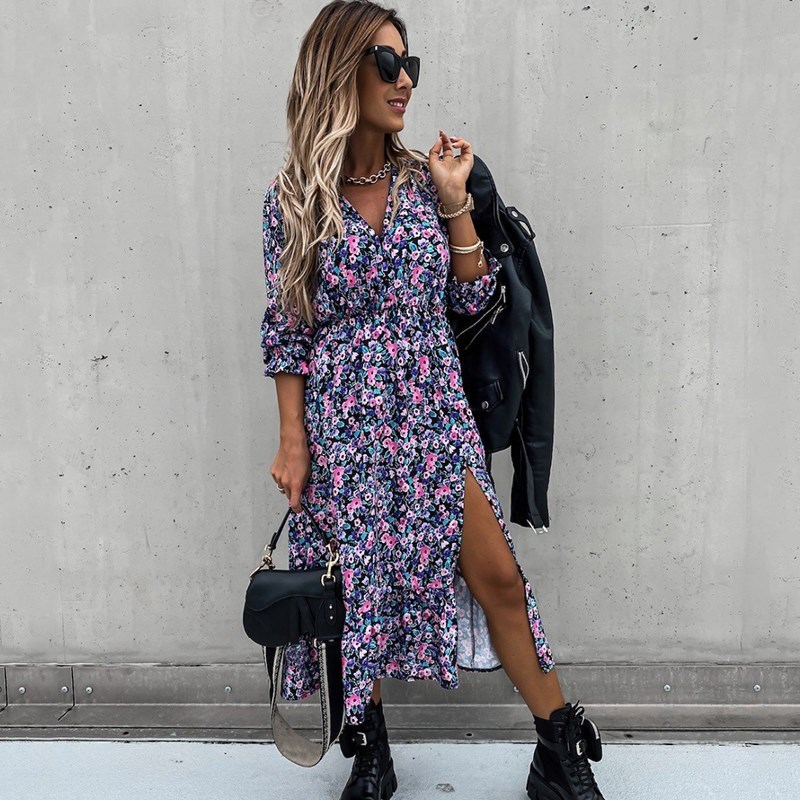 Autumn Winter Long Floral Print Dress Robe for Women 2021 Ca